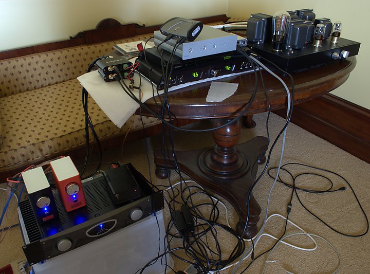 The electronics - miniDSP on table, Virtue Audio amps in lower left